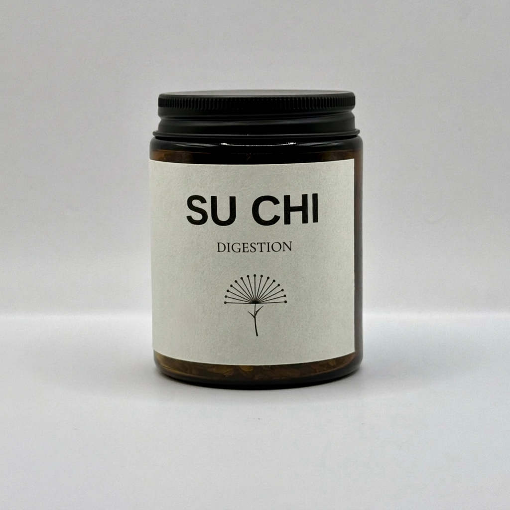 SU CHI DIGESTION tea jar on an edge-to-edge grey background